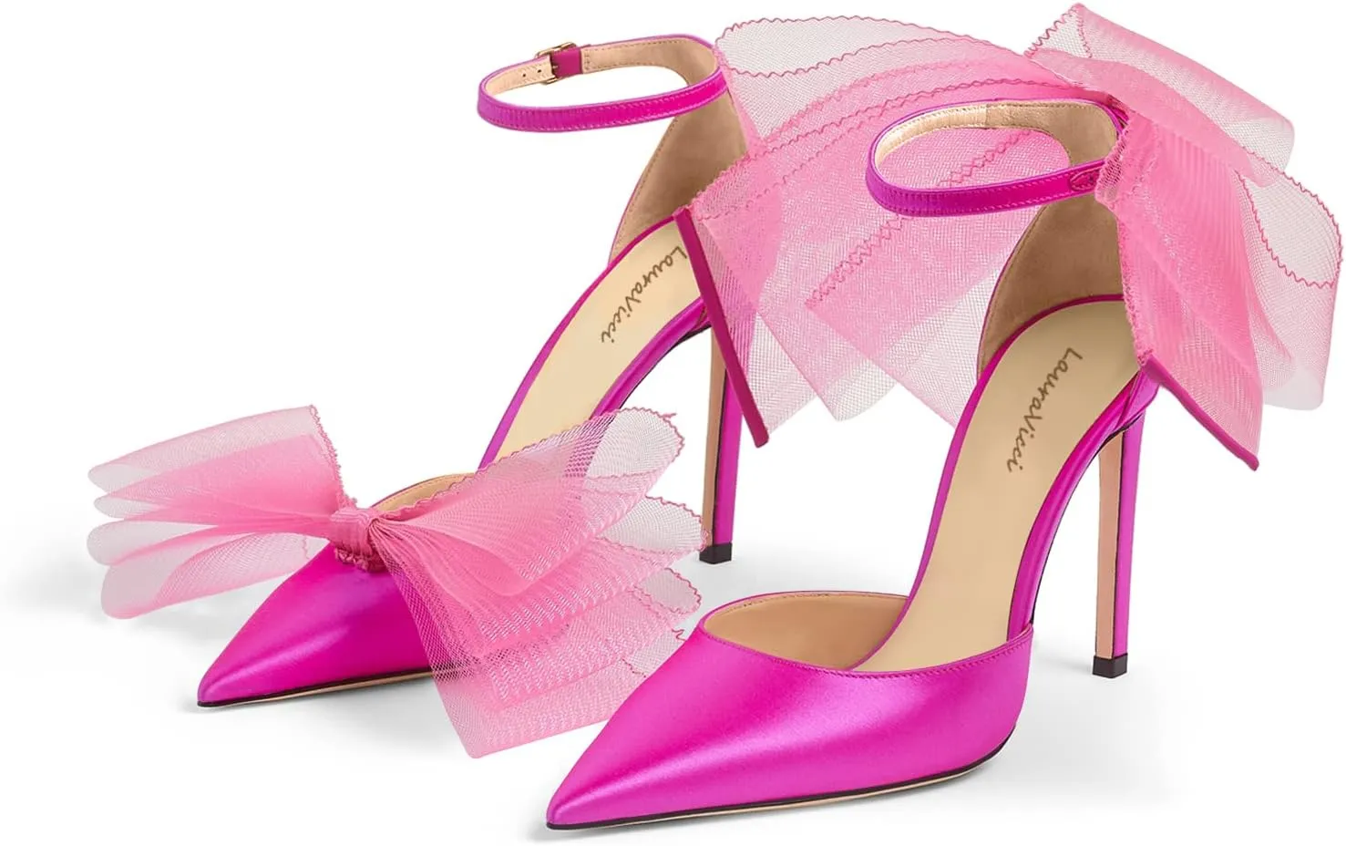 LauraVicci Women's Pumps Asymmetric Mesh Feather Bow Sandals Pointed Toe Ankle Strap Lace-Up Stiletto Slip-On Evening Dress Party Wedding Shoes