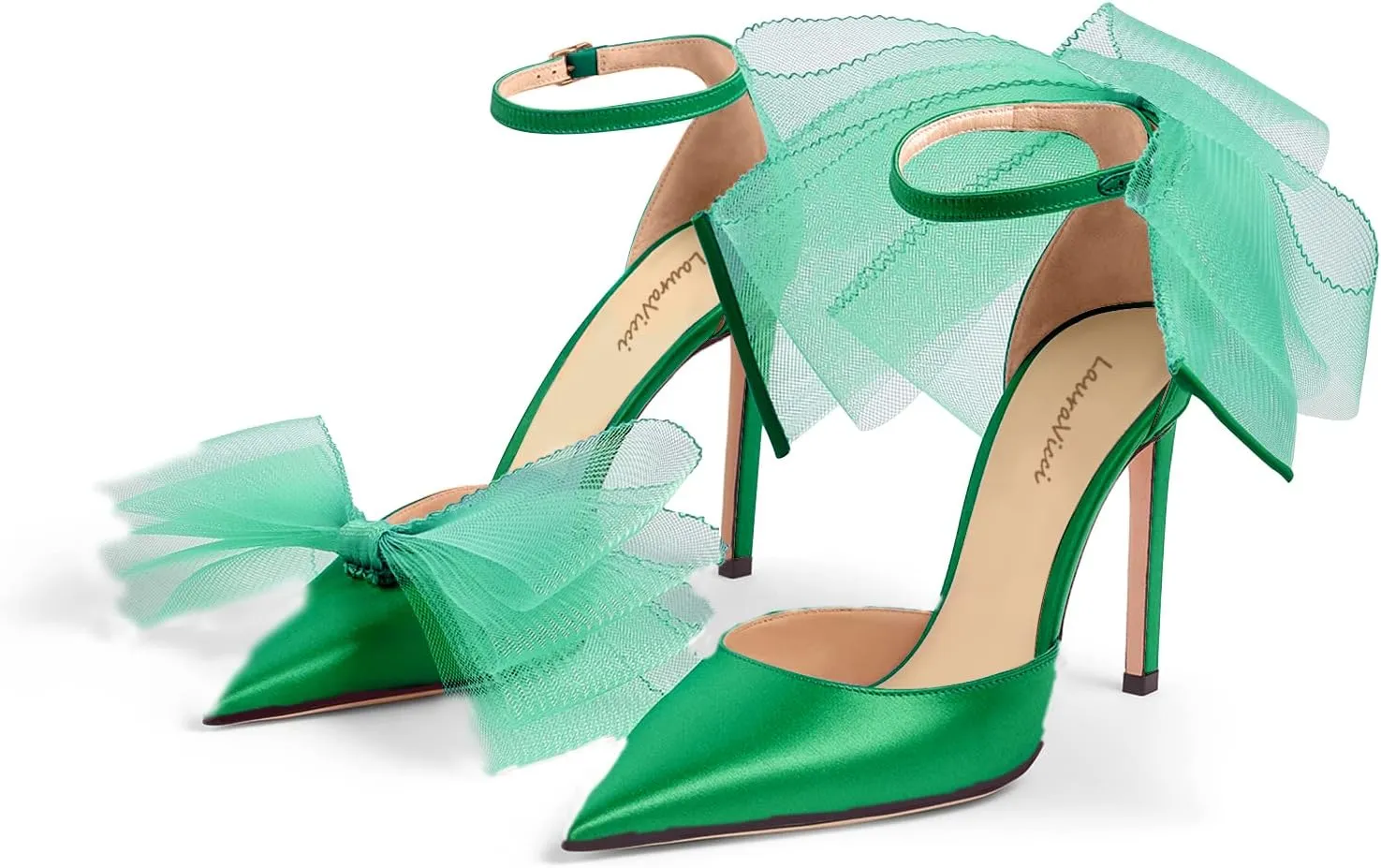 LauraVicci Women's Pumps Asymmetric Mesh Feather Bow Sandals Pointed Toe Ankle Strap Lace-Up Stiletto Slip-On Evening Dress Party Wedding Shoes