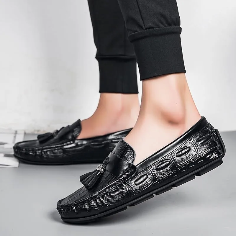 Loafers for Men Square Toe Crocodile Print with Tassel Driving Loafers PU Leather Flat Heel Resistant Lightweight Wedding Slip On