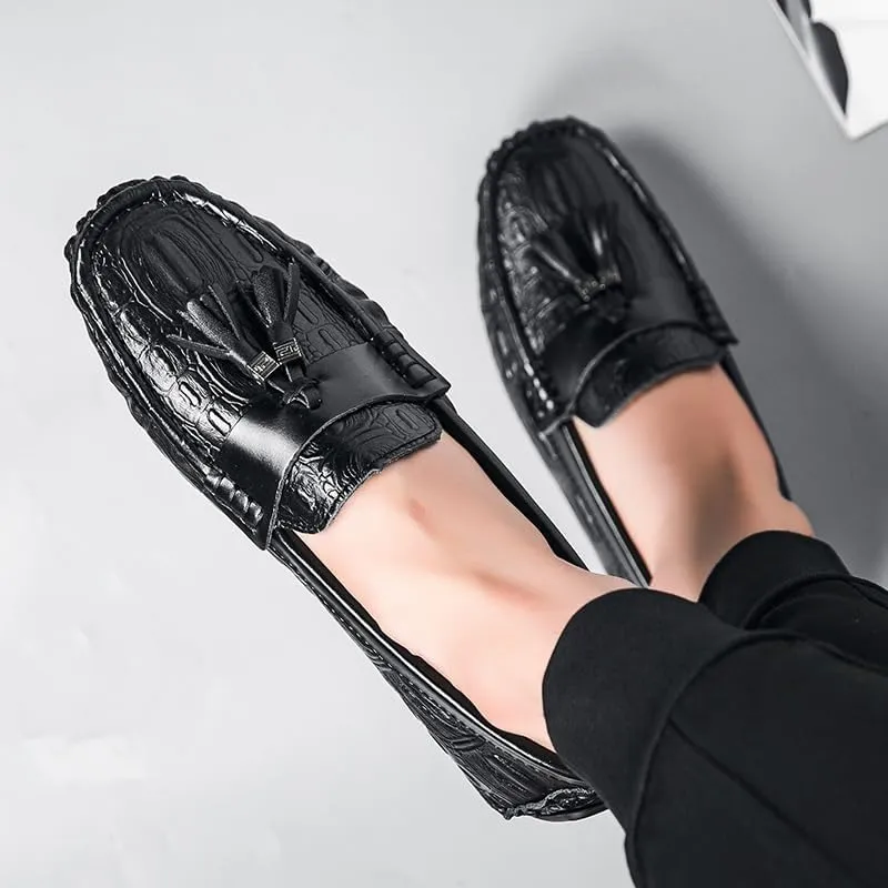 Loafers for Men Square Toe Crocodile Print with Tassel Driving Loafers PU Leather Flat Heel Resistant Lightweight Wedding Slip On
