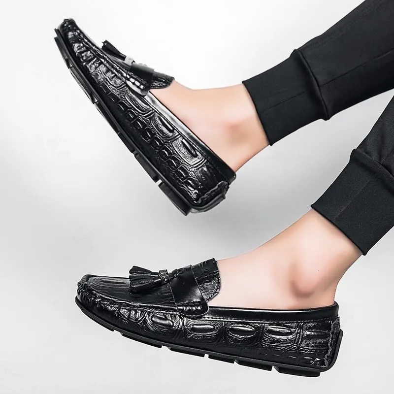 Loafers for Men Square Toe Crocodile Print with Tassel Driving Loafers PU Leather Flat Heel Resistant Lightweight Wedding Slip On