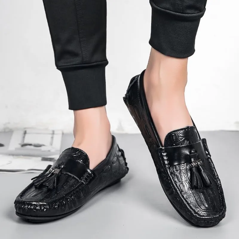 Loafers for Men Square Toe Crocodile Print with Tassel Driving Loafers PU Leather Flat Heel Resistant Lightweight Wedding Slip On