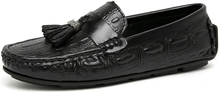 Loafers for Men Square Toe Crocodile Print with Tassel Driving Loafers PU Leather Flat Heel Resistant Lightweight Wedding Slip On
