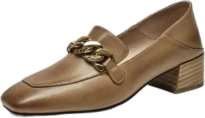 Loafers for Women Handmade Leather Pumps for Women Sheepskin Waxing Square Toe Loafers with Metal Decoration and Thick Heel