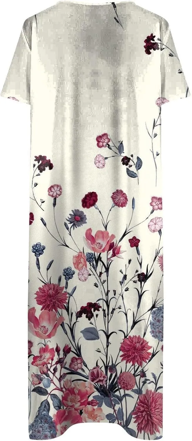 LOAIHA Women's Boho Colorful Crewneck Floral Print Maxi Dresses Casual Short Sleeve Summer Beach Dress with Pockets 2024