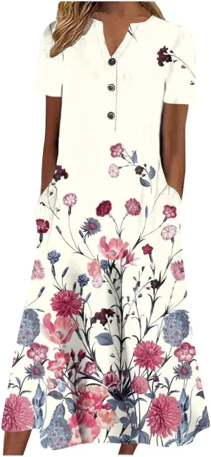 LOAIHA Women's Boho Colorful Crewneck Floral Print Maxi Dresses Casual Short Sleeve Summer Beach Dress with Pockets 2024