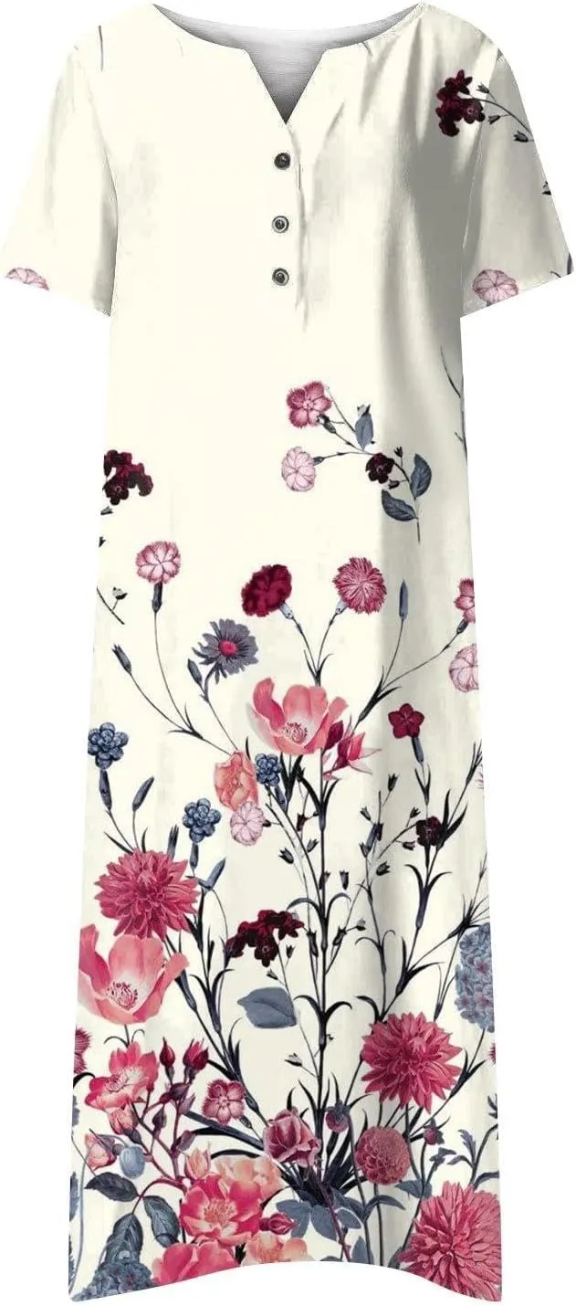 LOAIHA Women's Boho Colorful Crewneck Floral Print Maxi Dresses Casual Short Sleeve Summer Beach Dress with Pockets 2024