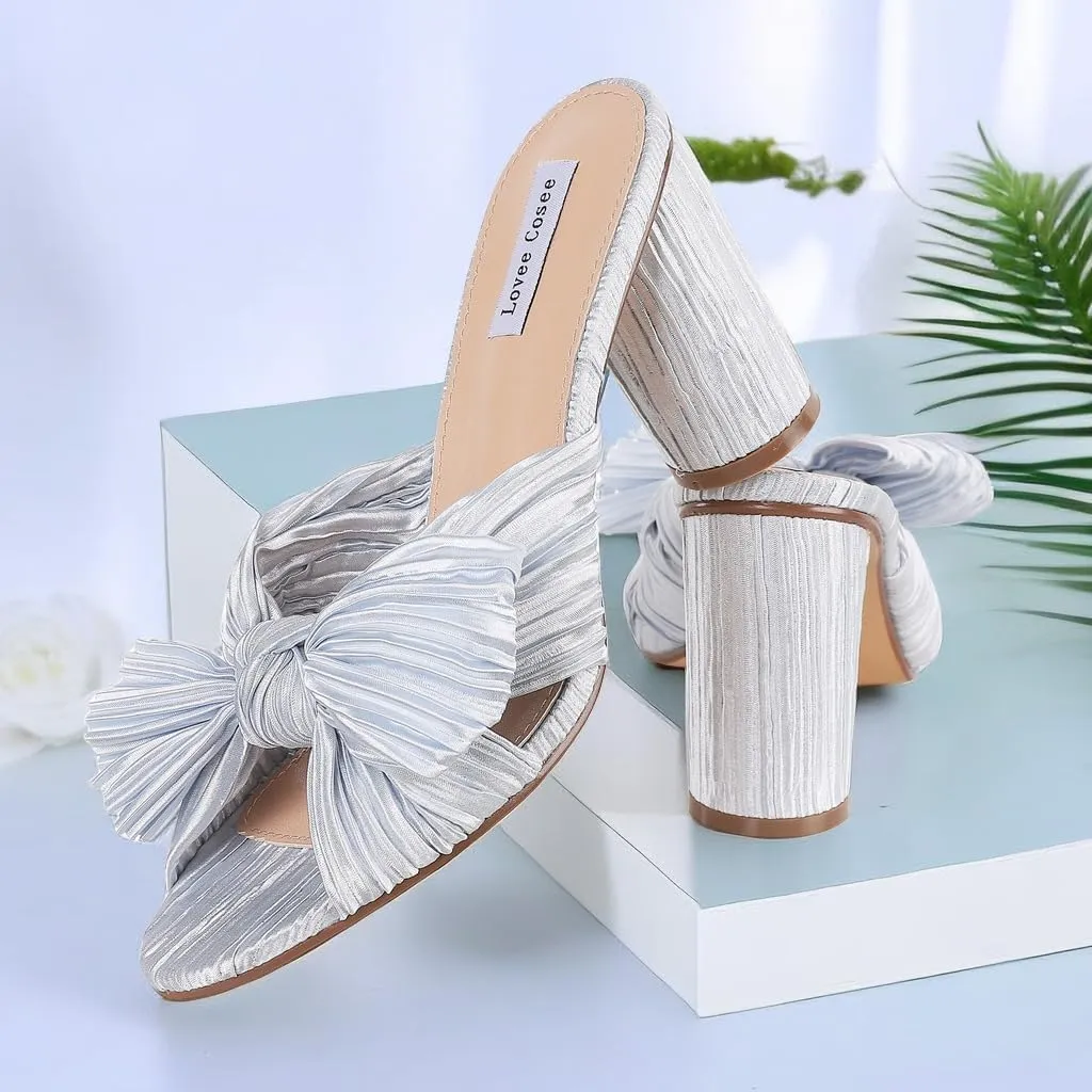 Lovee Cosee Women's Bow Knot Heeled Sandals Pleated Open Toe Ankle Strap Chunky Heels for Bride Wedding