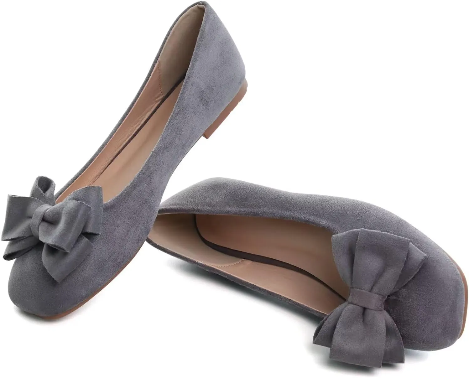 LUXINYU Women Mary Jane Shoes Bowknot Dressy Square Toe Suede Upper Slip on Ballet Flats Comfortable Moccasins Work Flats Daily Walking Shoes