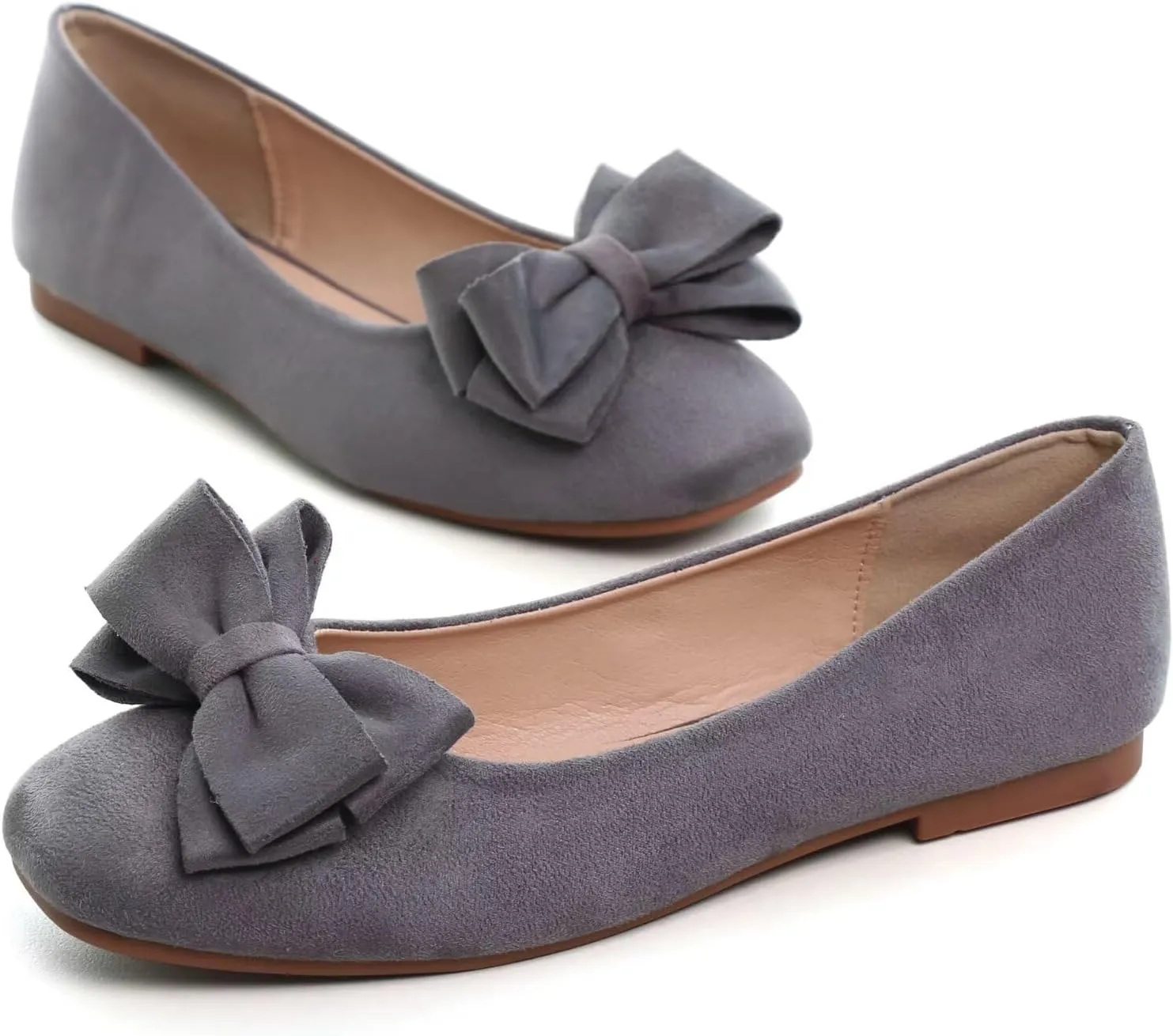 LUXINYU Women Mary Jane Shoes Bowknot Dressy Square Toe Suede Upper Slip on Ballet Flats Comfortable Moccasins Work Flats Daily Walking Shoes