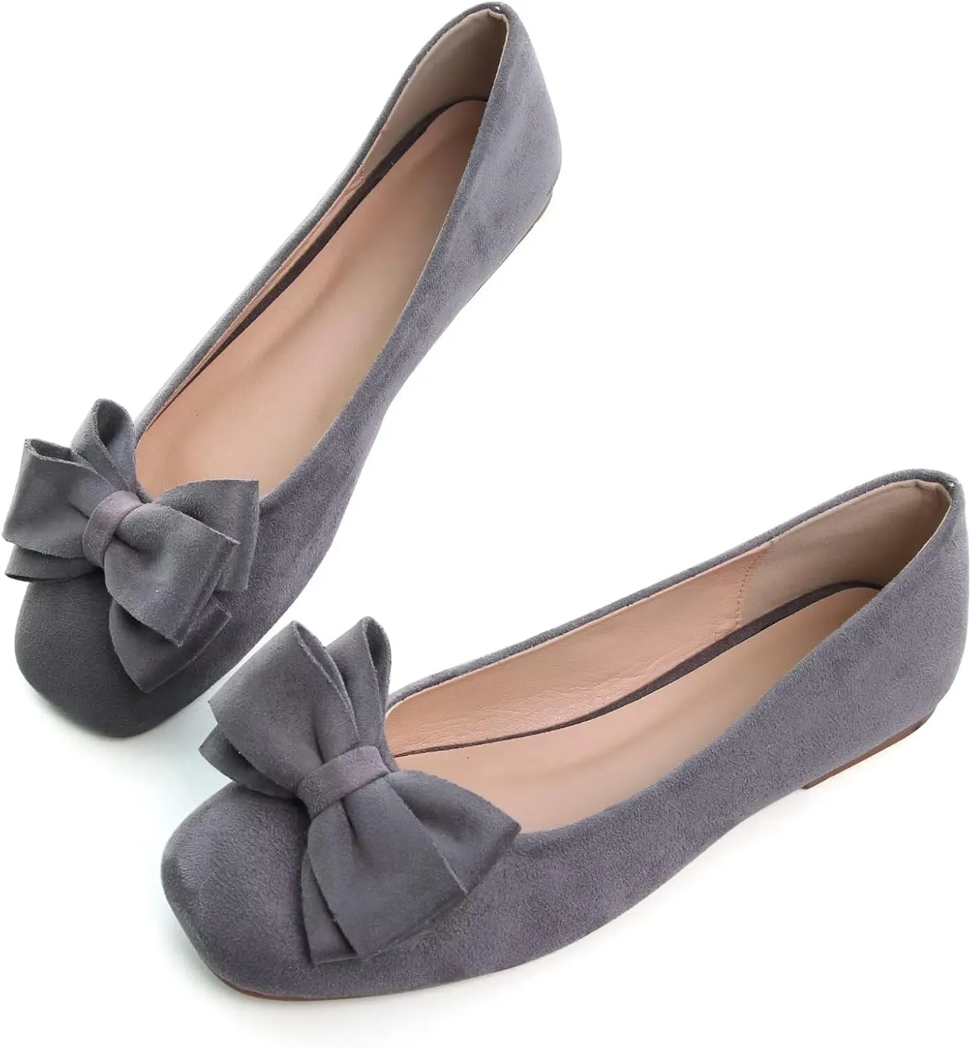 LUXINYU Women Mary Jane Shoes Bowknot Dressy Square Toe Suede Upper Slip on Ballet Flats Comfortable Moccasins Work Flats Daily Walking Shoes