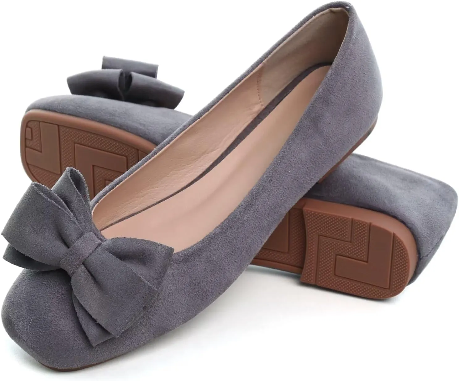 LUXINYU Women Mary Jane Shoes Bowknot Dressy Square Toe Suede Upper Slip on Ballet Flats Comfortable Moccasins Work Flats Daily Walking Shoes