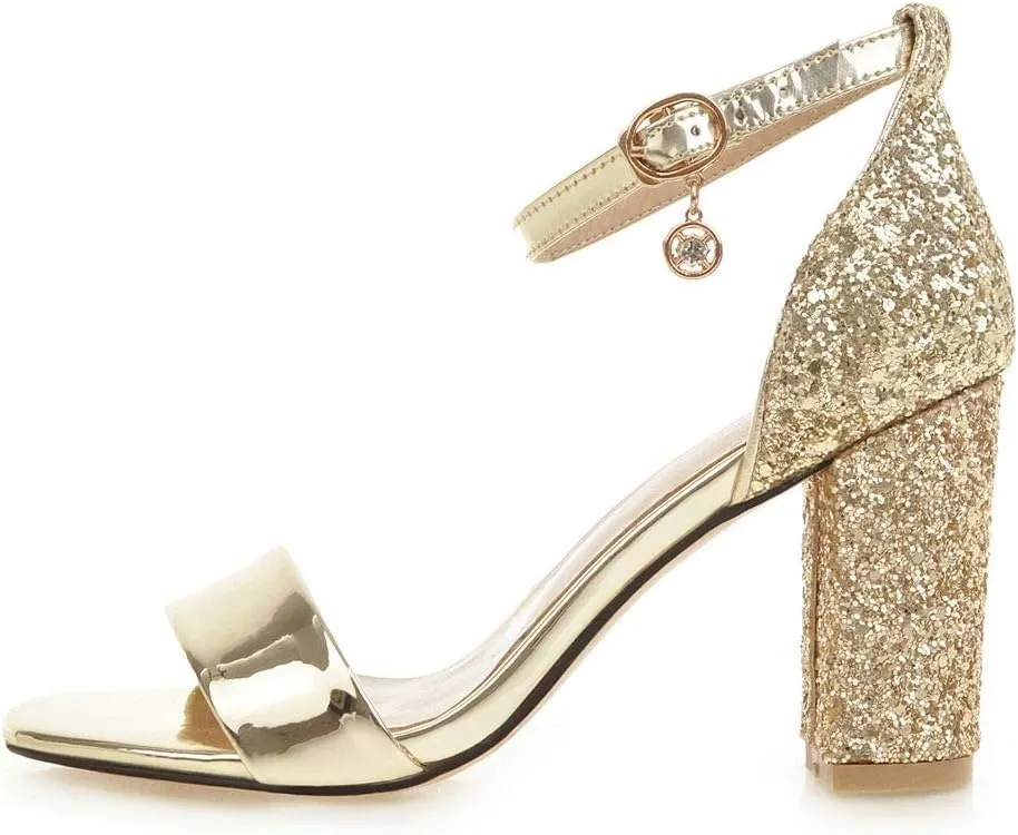 LUXMAX Women Open Toe Glitter Sandals Ankle Strap Block High Heel Sparkly Pumps