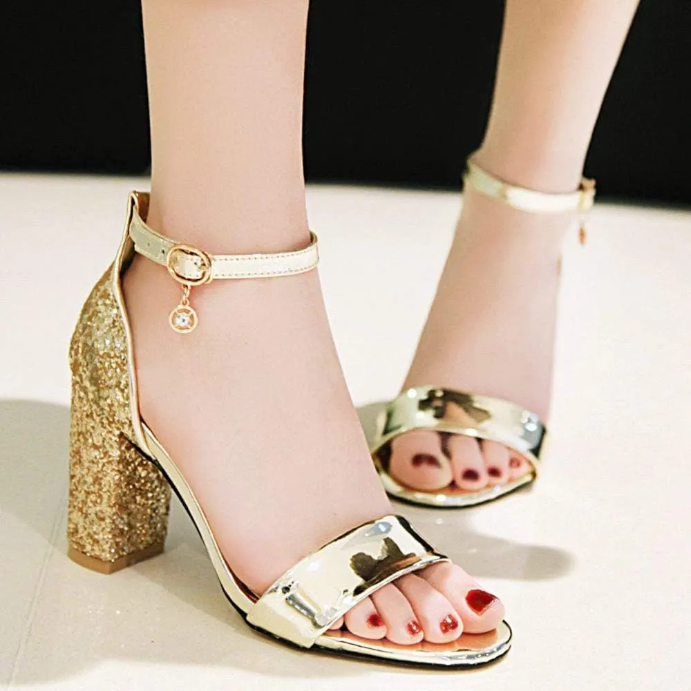 LUXMAX Women Open Toe Glitter Sandals Ankle Strap Block High Heel Sparkly Pumps