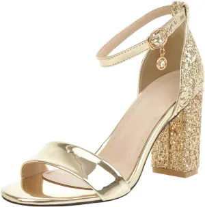 LUXMAX Women Open Toe Glitter Sandals Ankle Strap Block High Heel Sparkly Pumps