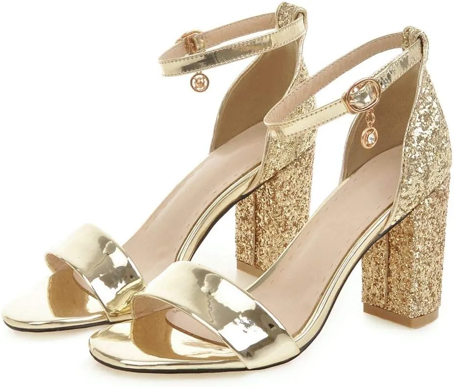LUXMAX Women Open Toe Glitter Sandals Ankle Strap Block High Heel Sparkly Pumps