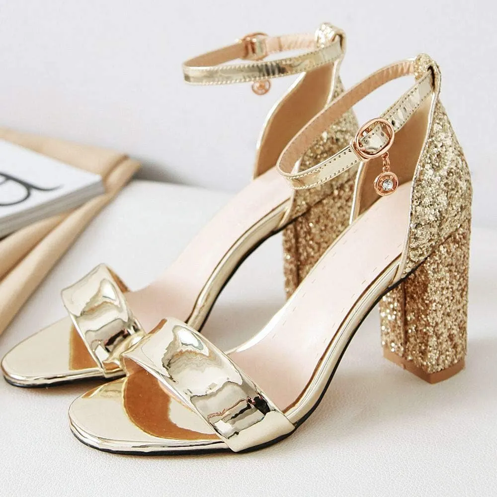 LUXMAX Women Open Toe Glitter Sandals Ankle Strap Block High Heel Sparkly Pumps