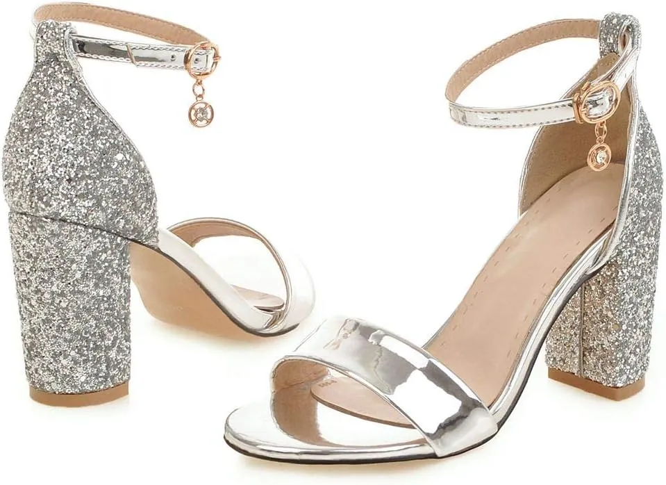 LUXMAX Women Open Toe Glitter Sandals Ankle Strap Block High Heel Sparkly Pumps
