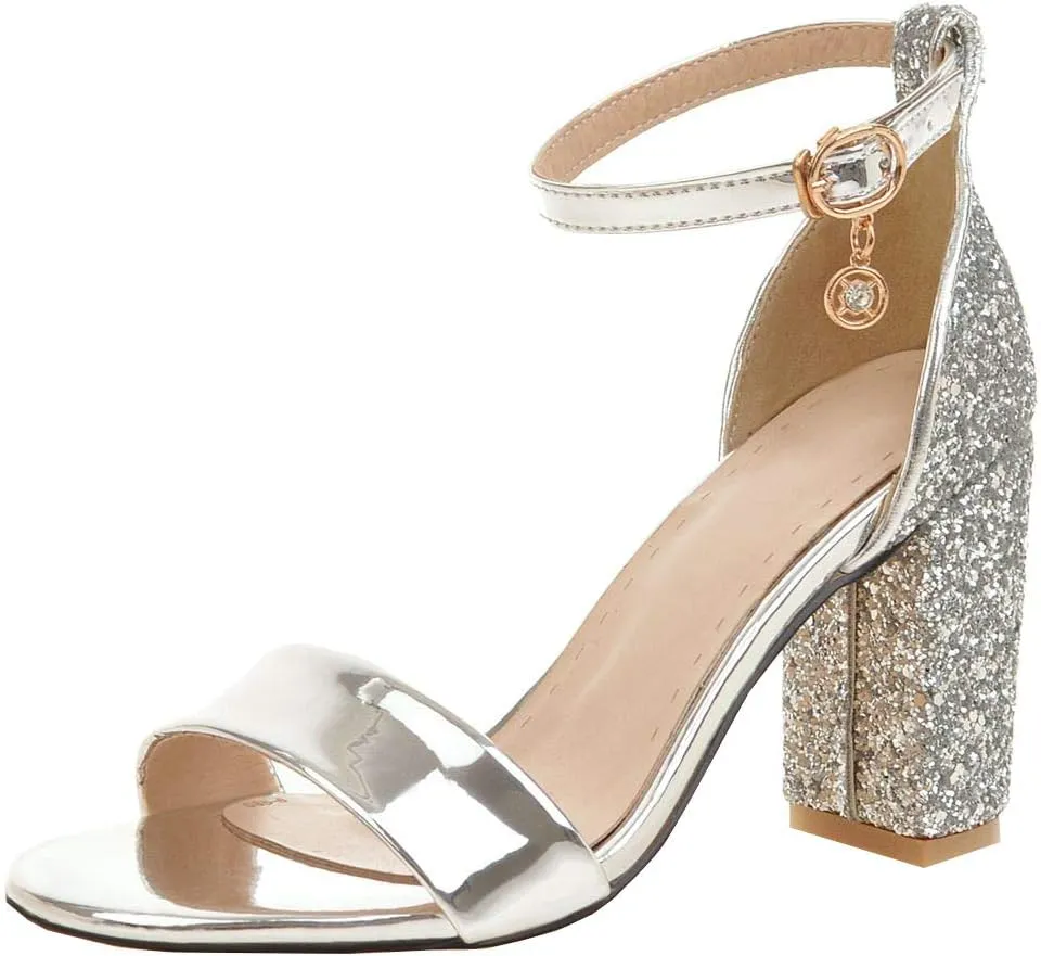 LUXMAX Women Open Toe Glitter Sandals Ankle Strap Block High Heel Sparkly Pumps