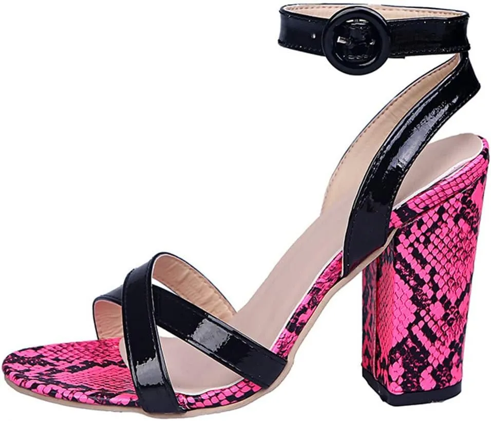 LUXMAX Women Snake Print Sandals Chunky Heel Ankle Strap Sandals Open Toe Block Slingback Animal Sandals