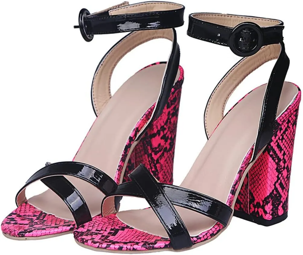 LUXMAX Women Snake Print Sandals Chunky Heel Ankle Strap Sandals Open Toe Block Slingback Animal Sandals