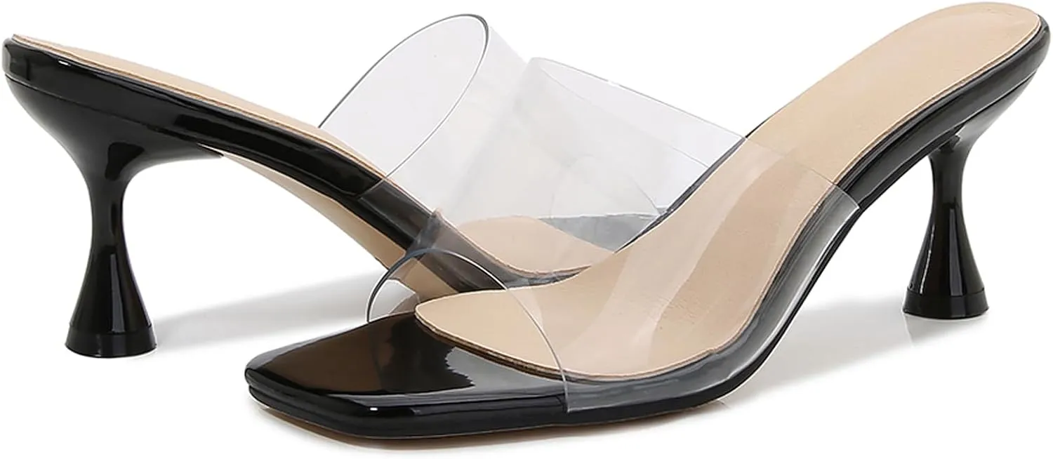 Lymphvity Clear Heeled Sandals for Women Kitten Heels Sandals Open Square Toe Transparent High Heel Mule Sandals Slip On Party Dress Shoes