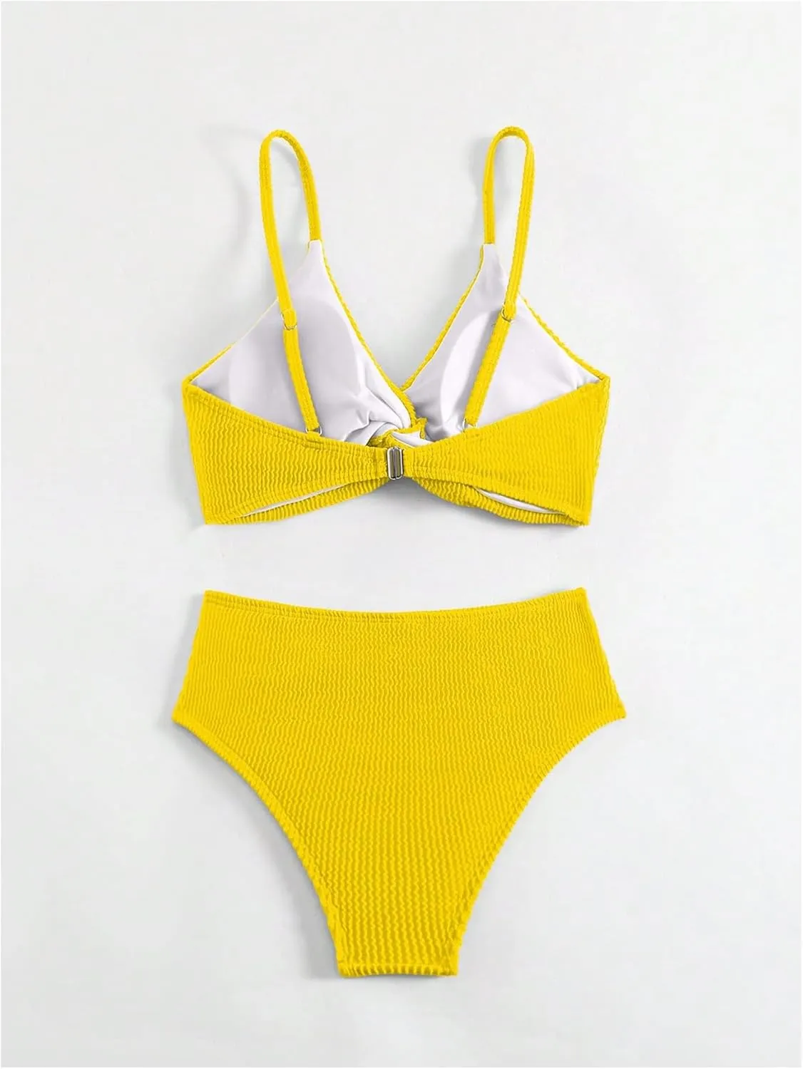 MakeMeChic Women's 2 Piece Bikini Sets Twist Front High Waist Textured Spaghetti Strap Bathing Suit