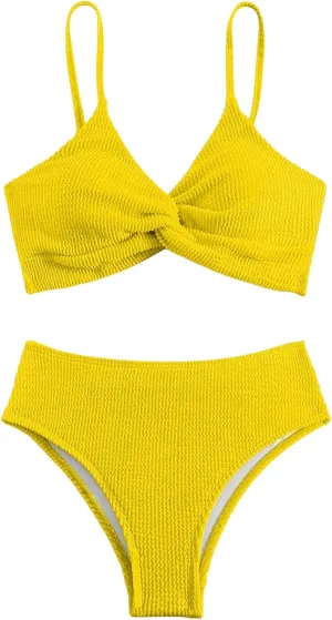 MakeMeChic Women's 2 Piece Bikini Sets Twist Front High Waist Textured Spaghetti Strap Bathing Suit
