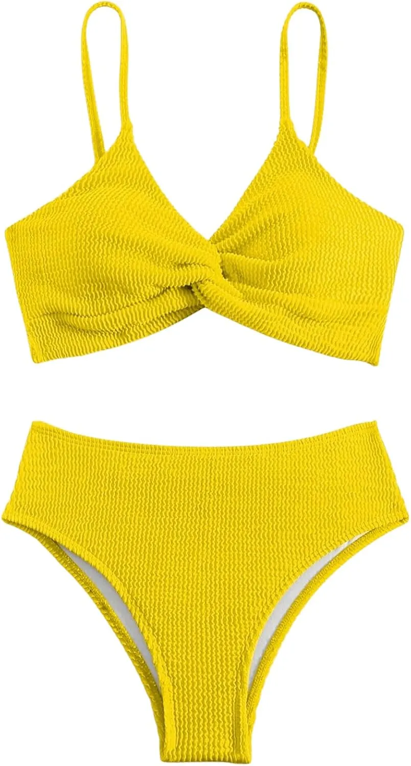 MakeMeChic Women's 2 Piece Bikini Sets Twist Front High Waist Textured Spaghetti Strap Bathing Suit