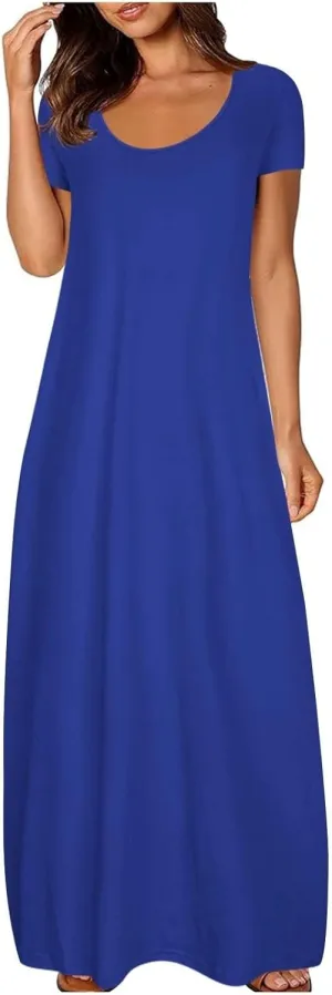 Maxi Dresses for Women Deep V-Neck Solid Color Long Dress with Pockets Summer Casual Short Sleeve