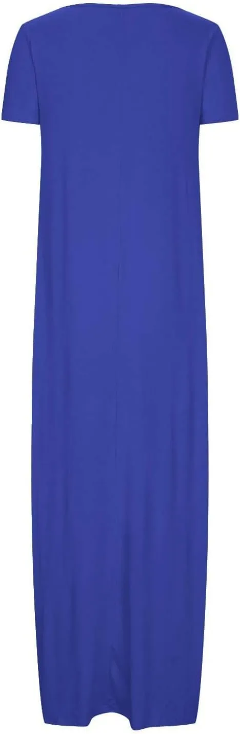 Maxi Dresses for Women Deep V-Neck Solid Color Long Dress with Pockets Summer Casual Short Sleeve