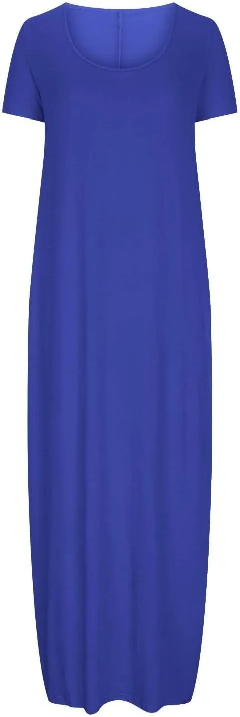 Maxi Dresses for Women Deep V-Neck Solid Color Long Dress with Pockets Summer Casual Short Sleeve