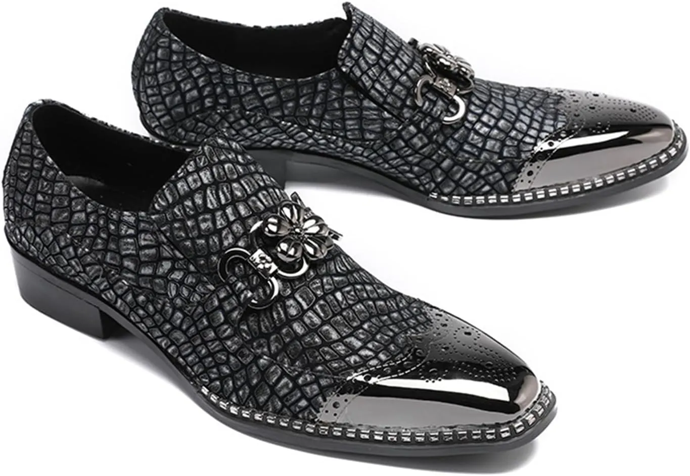Mens Dress Shoes, Leather Shoes, Loafers Genuine Leather Plus Size Crocodile Pattern Slip on Casual Business Low Top Pointed Toe Breathable Suit Shoes, 43 EU,Black