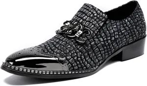 Mens Dress Shoes, Leather Shoes, Loafers Genuine Leather Plus Size Crocodile Pattern Slip on Casual Business Low Top Pointed Toe Breathable Suit Shoes, 43 EU,Black
