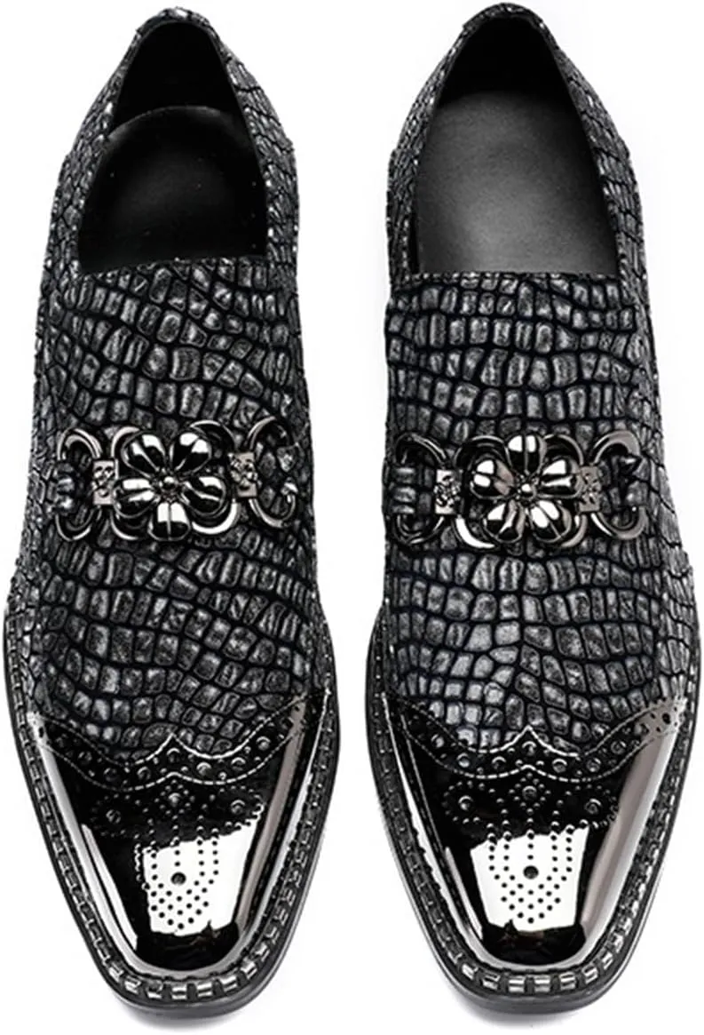 Mens Dress Shoes, Leather Shoes, Loafers Genuine Leather Plus Size Crocodile Pattern Slip on Casual Business Low Top Pointed Toe Breathable Suit Shoes, 43 EU,Black