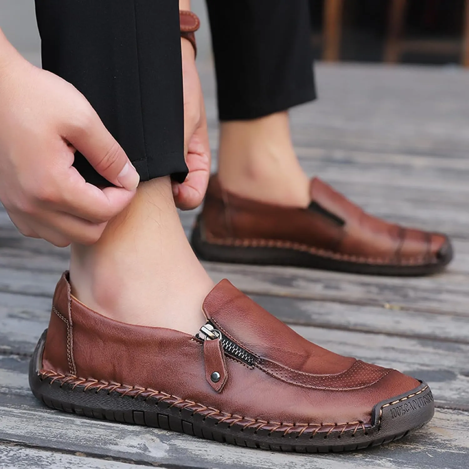 Mens Driving Leather Casual Slip-on Sneaker Handmade Stitched Flats Penny Loafers Lightweight Shoes
