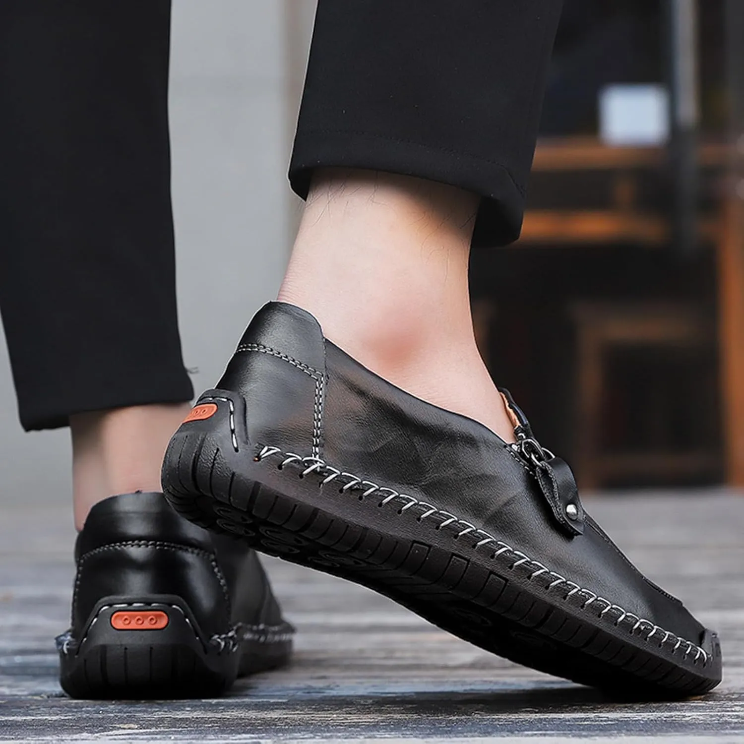 Mens Driving Leather Casual Slip-on Sneaker Handmade Stitched Flats Penny Loafers Lightweight Shoes
