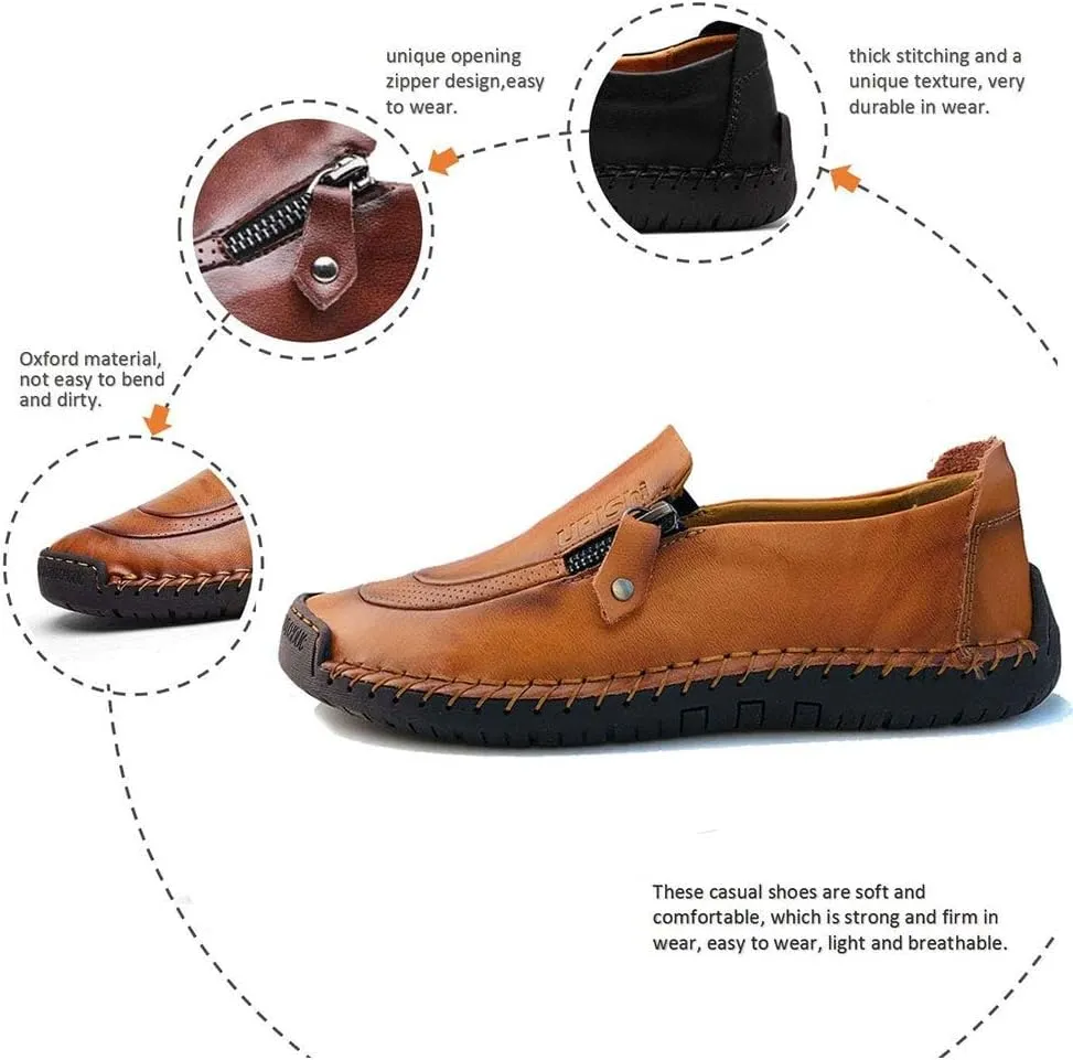 Mens Driving Leather Casual Slip-on Sneaker Handmade Stitched Flats Penny Loafers Lightweight Shoes