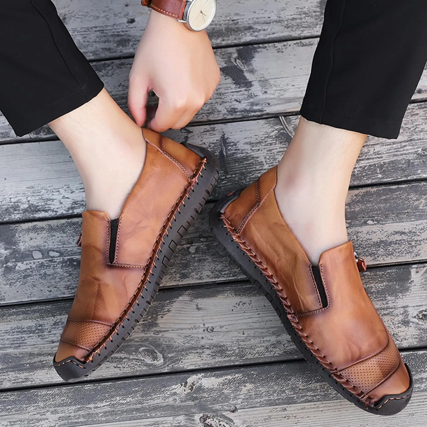 Mens Driving Leather Casual Slip-on Sneaker Handmade Stitched Flats Penny Loafers Lightweight Shoes