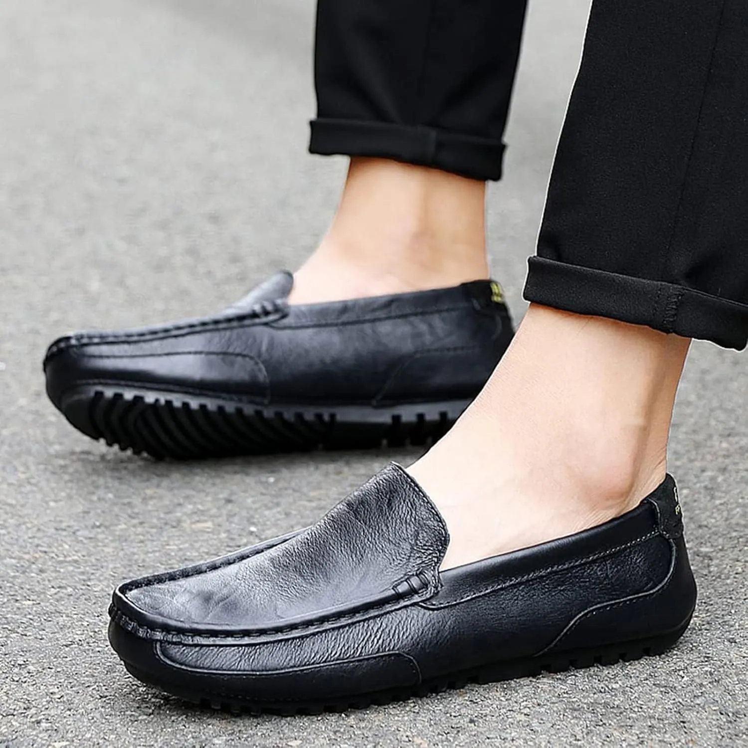 Men's Genuine Leather Square Toe Casual Slip On Loafers,Lightweight Comfortable Flat Moccasin Boat Shoes Casual Fashion Walking Driving Shoes