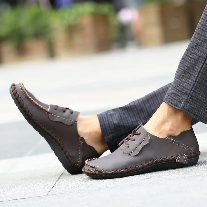 Men's Premium Nubuck Leather Slip on Shoes,Handmade Loafers Breathable Leisure Vintage Flat Boat Shoes