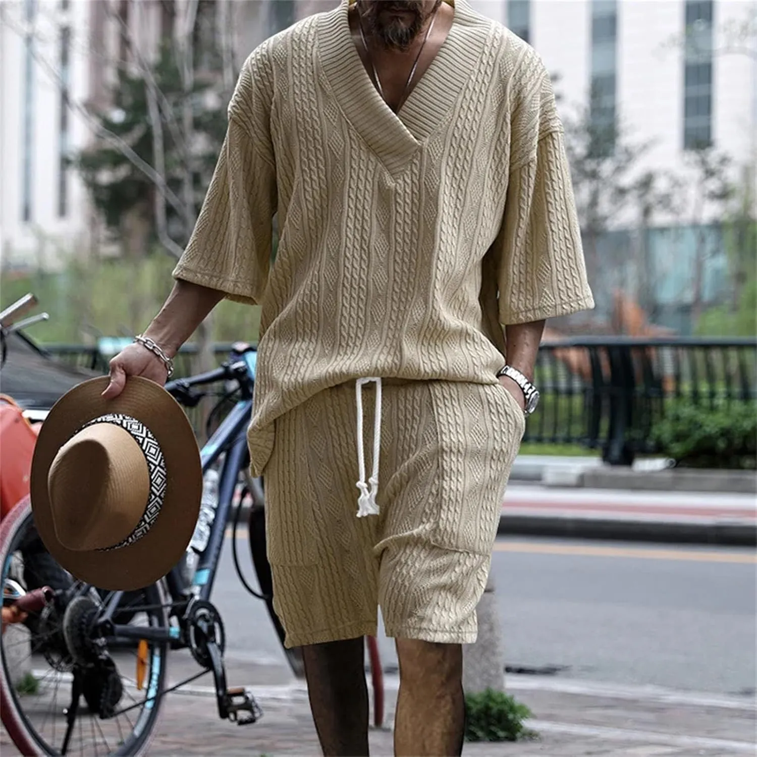 Men's Twist Knit Sportswear Set, V-Neck Outdoor Shorts & Shirt