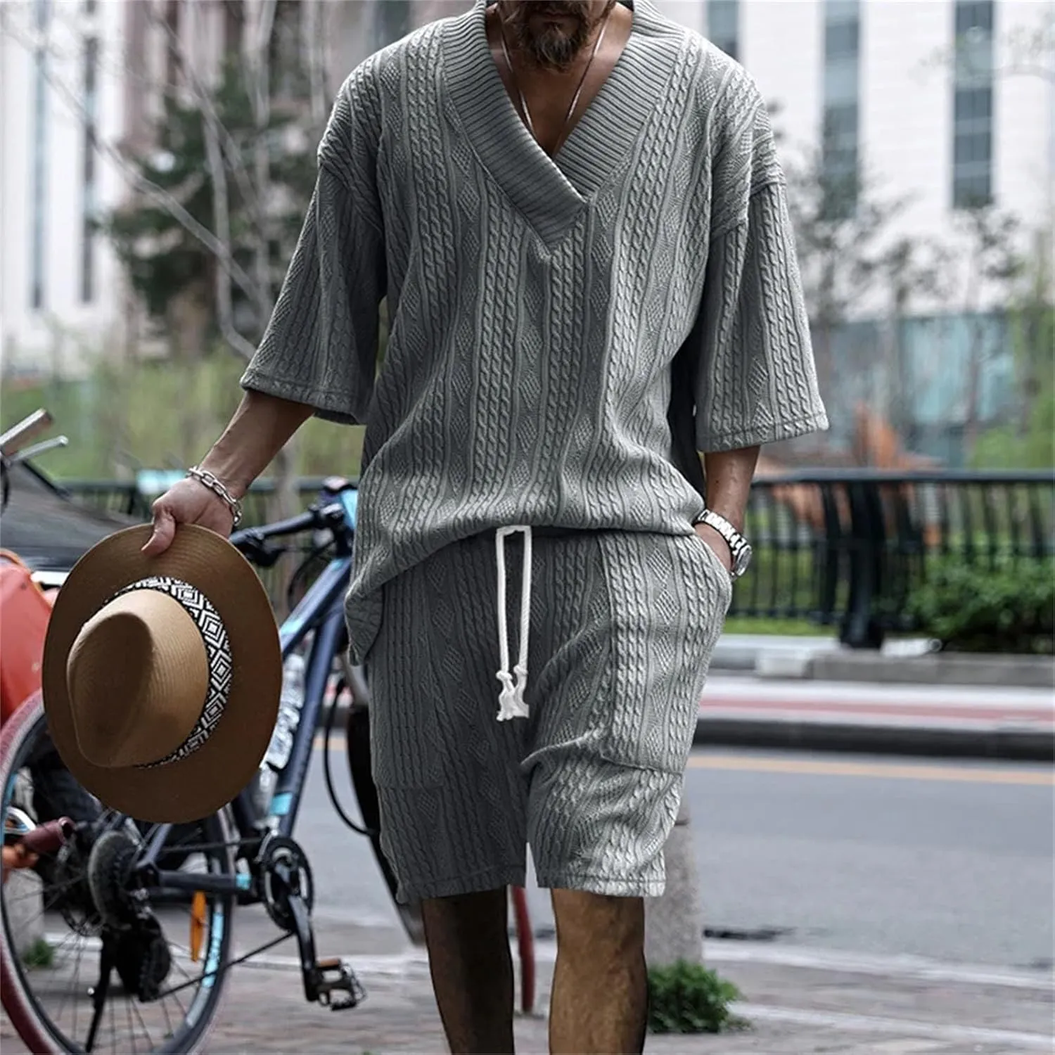 Men's Twist Knit Sportswear Set, V-Neck Outdoor Shorts & Shirt