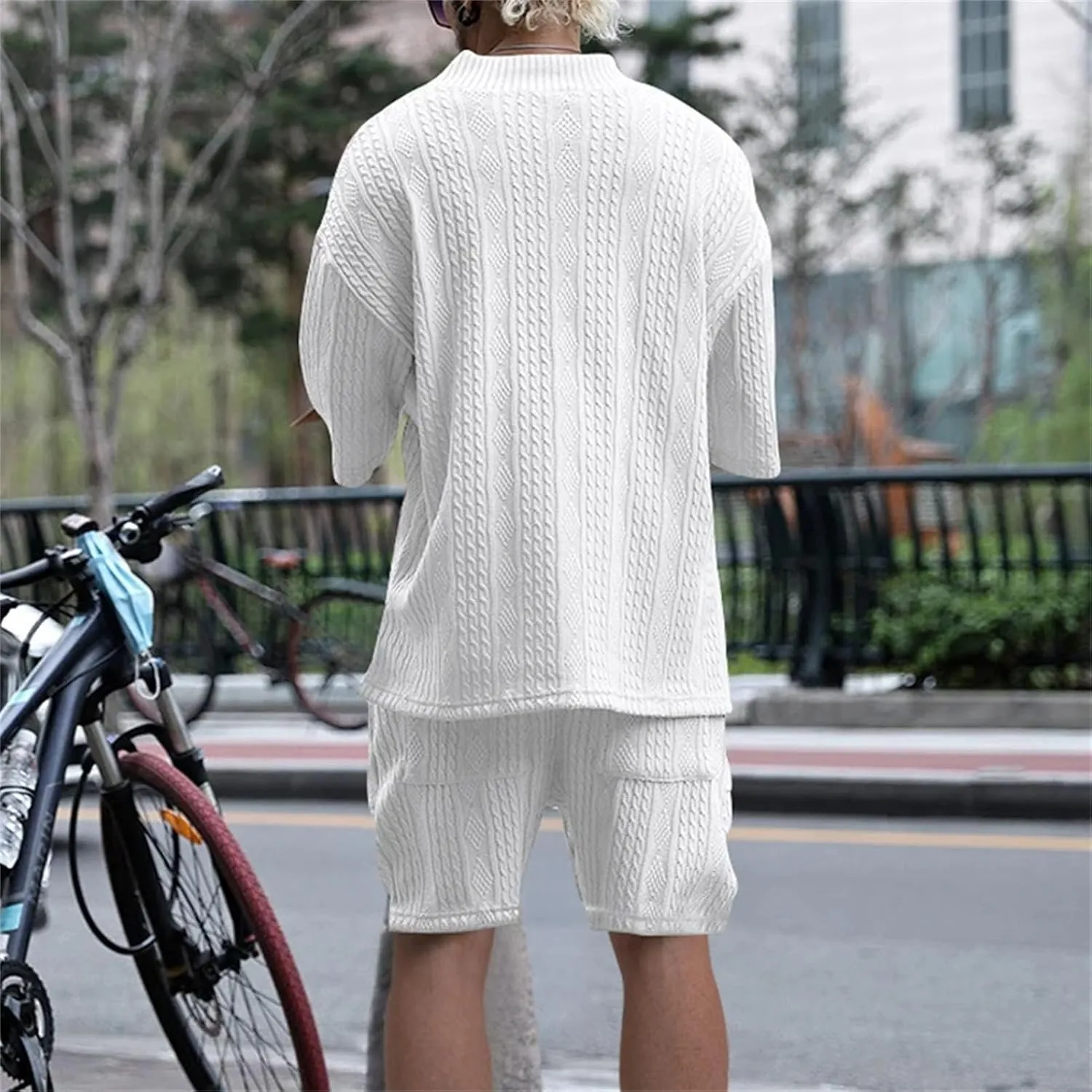 Men's Twist Knit Sportswear Set, V-Neck Outdoor Shorts & Shirt
