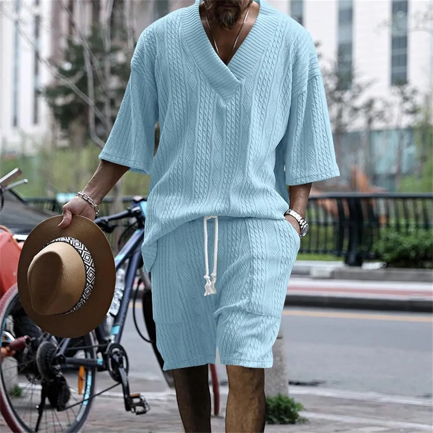 Men's Twist Knit Sportswear Set, V-Neck Outdoor Shorts & Shirt
