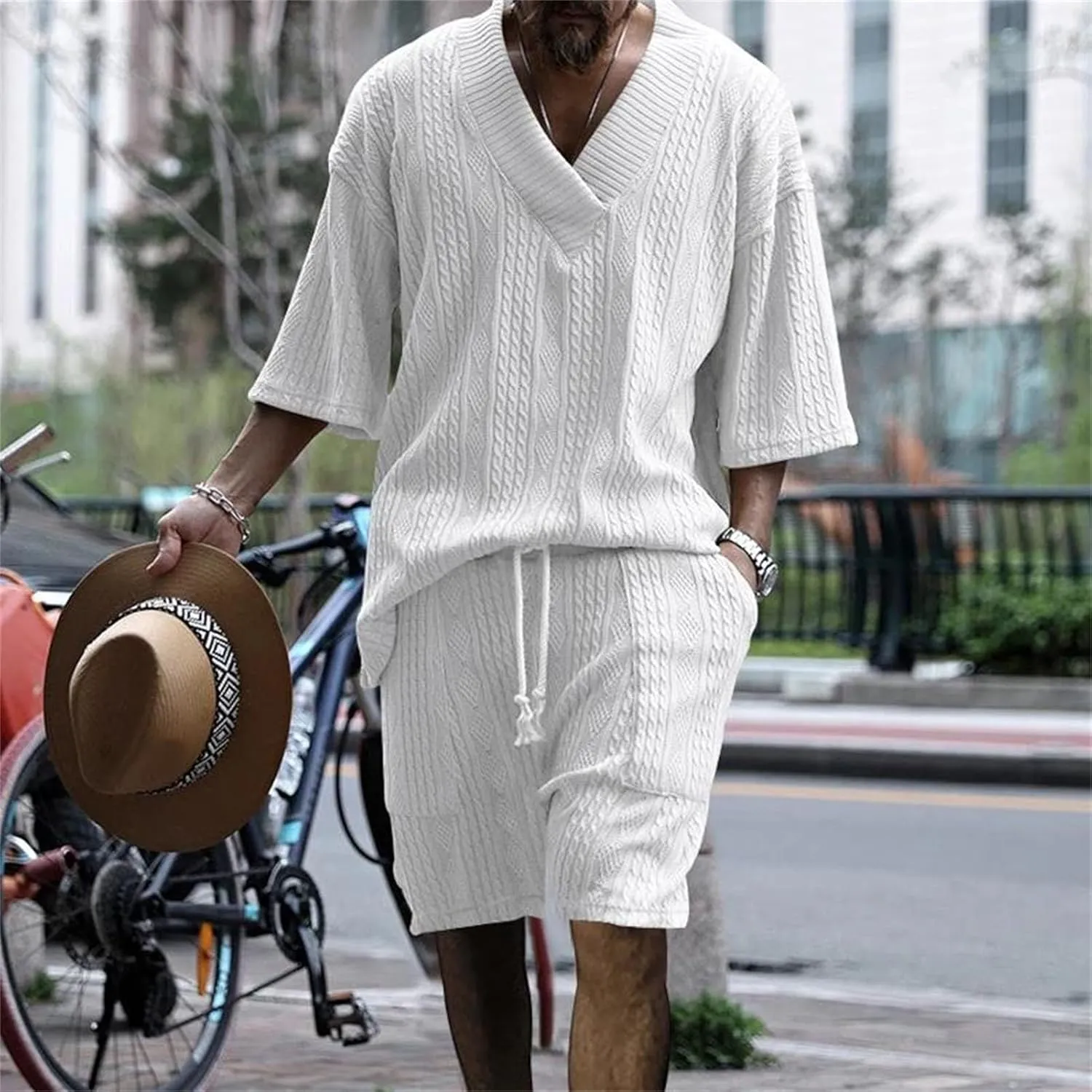 Men's Twist Knit Sportswear Set, V-Neck Outdoor Shorts & Shirt