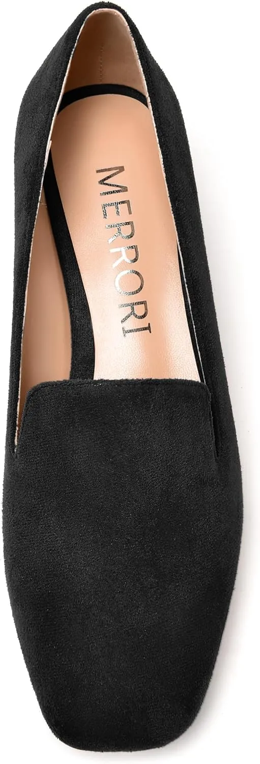 MERRORI Womens Square Toe Suede Casual Slip On Wedding Chunky Low Heel Loafers Shoes 1.5 Inch