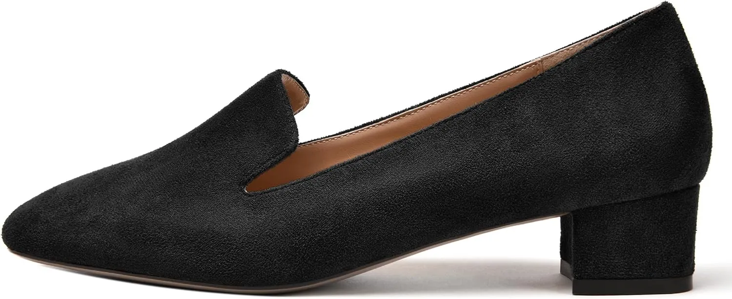 MERRORI Womens Square Toe Suede Casual Slip On Wedding Chunky Low Heel Loafers Shoes 1.5 Inch