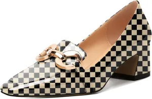 Mettesally Womens Square Toe Block Heels Mid Chunky Heel Loafer Pumps Slip On Chain Dress Comfortable Prom Shoes