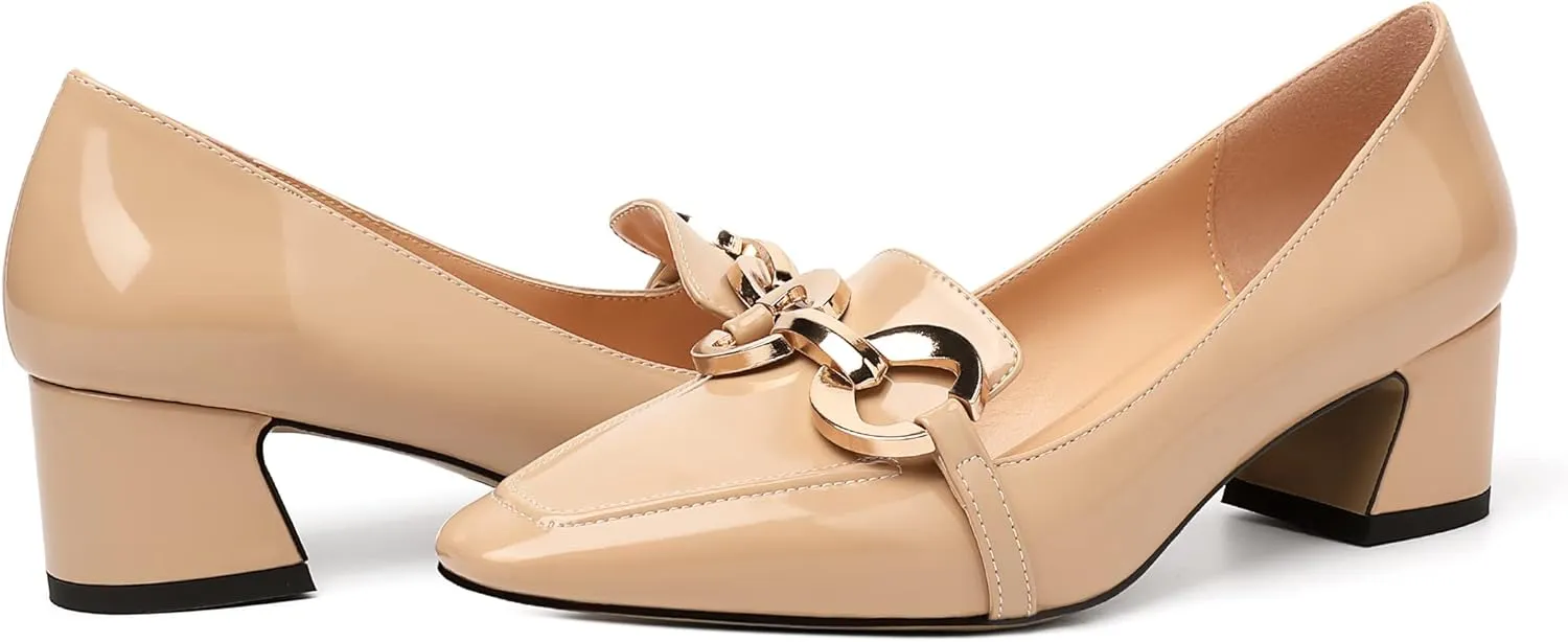 Mettesally Womens Square Toe Block Heels Mid Chunky Heel Loafer Pumps Slip On Chain Dress Comfortable Prom Shoes